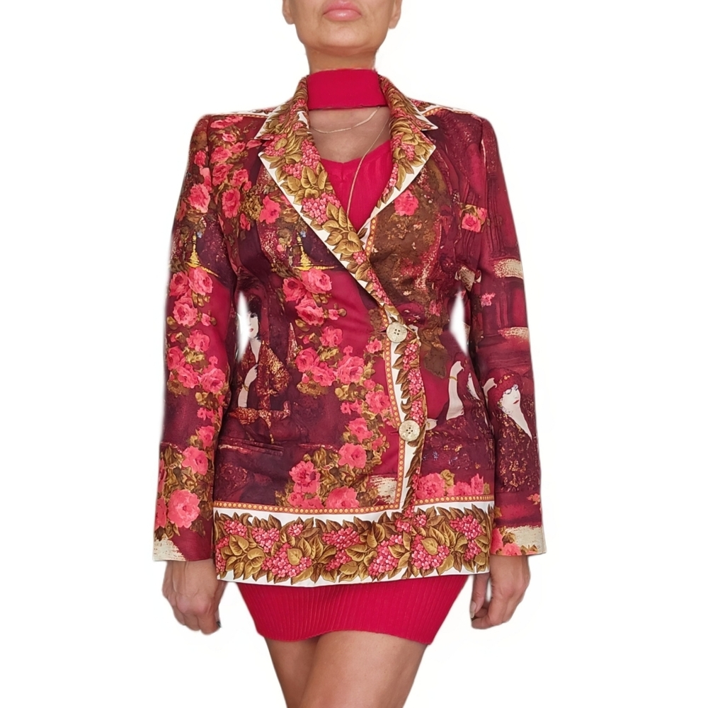 Vintage Gianni Versace 100% Silk Fitted Red Baroque Blazer Jacket